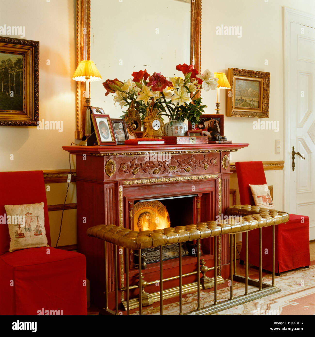 Lit oriental fireplace Stock Photo