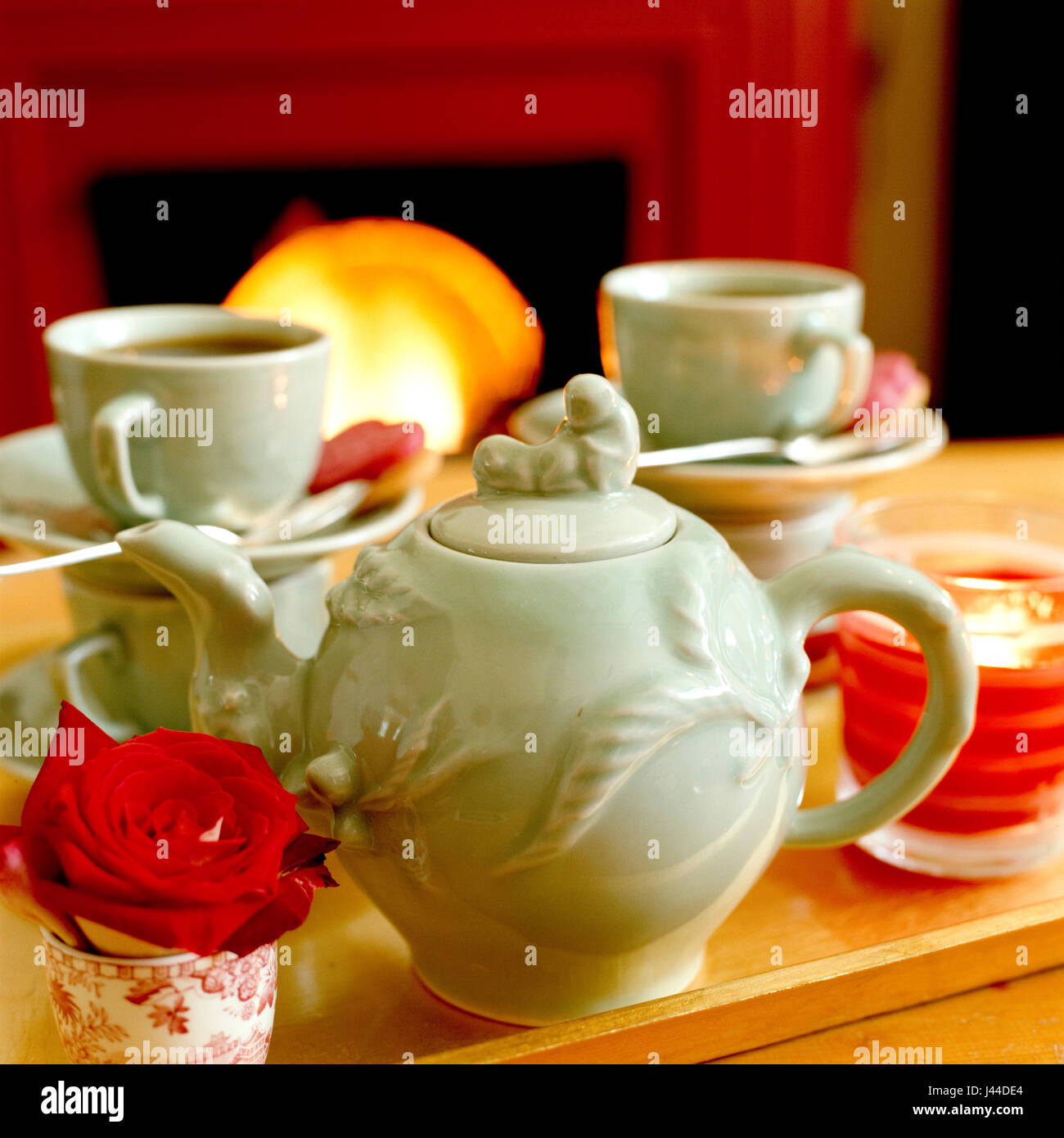 Tea setting with rose Stock Photo