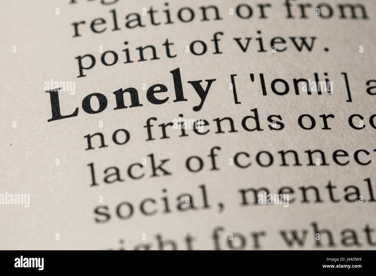 Fake Dictionary, Dictionary definition of the word lonely. including key descriptive words Stock