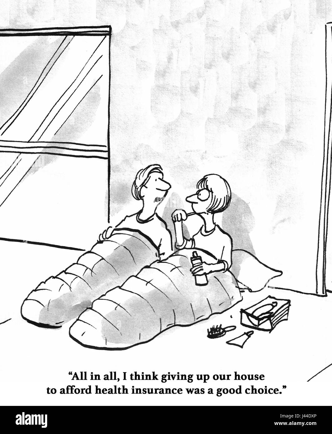 Medical cartoon about a couple who lost their home, health insurance is so expensive. Stock Photo