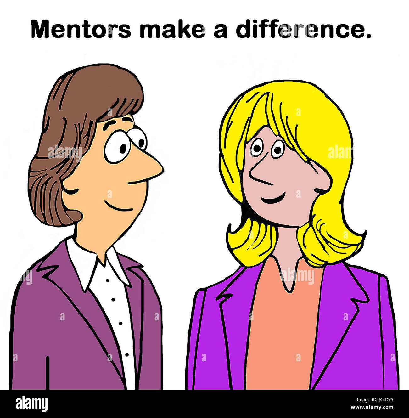 Business cartoon illustration of two smiling business women and 'mentors make a difference'. Stock Photo