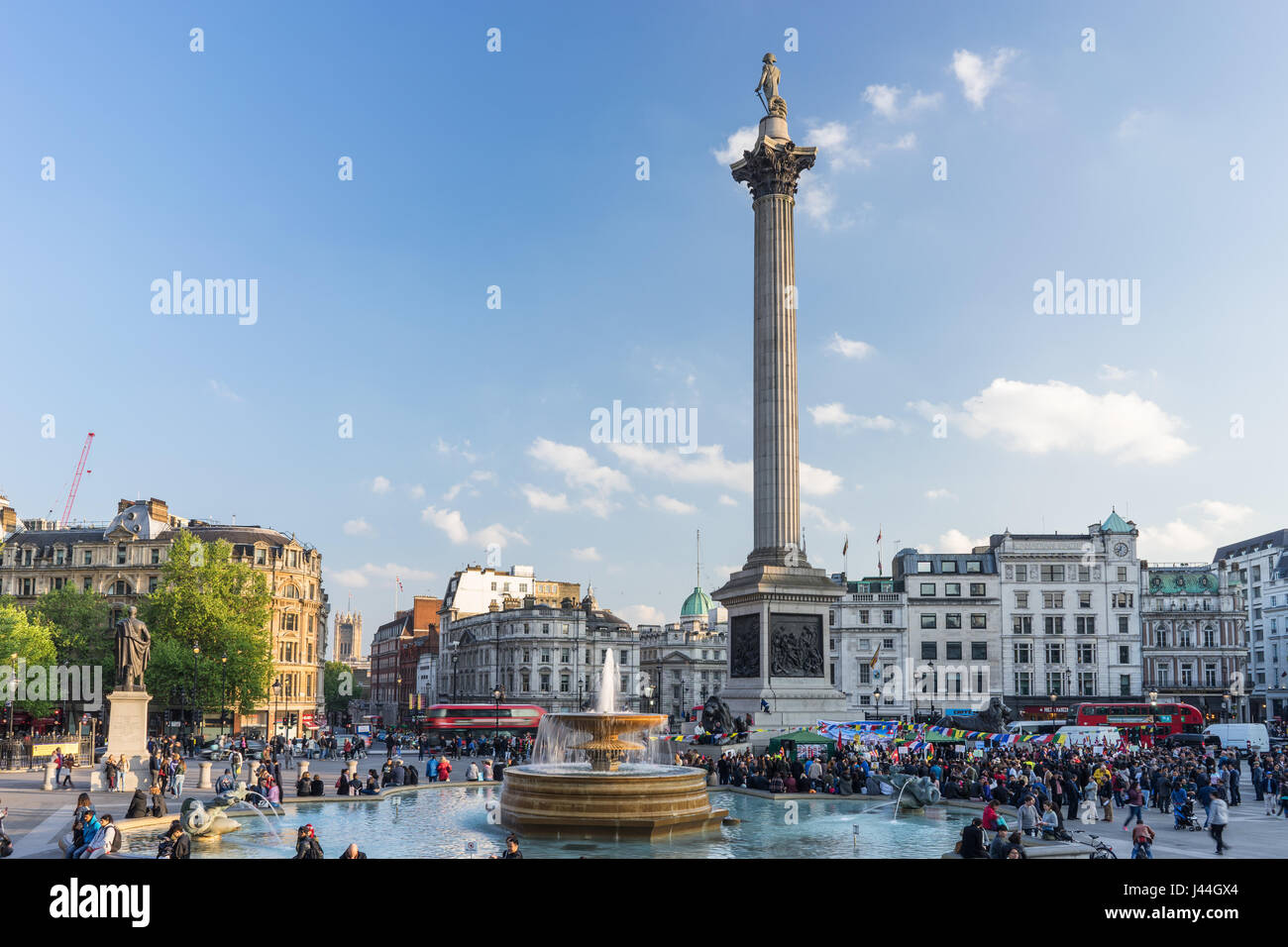 Exterior views of Trafalgar Square tourist attraction in London, with