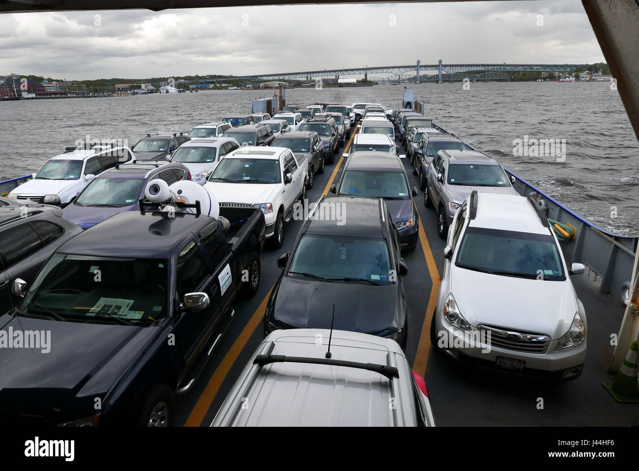 Cars on the Cross Sound Ferry leaving New London for Orient Point Long