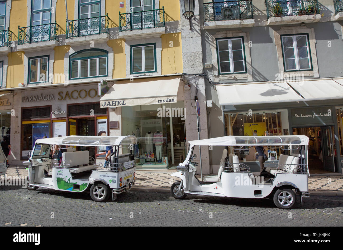 Portugal, Estremadura, Lisbon, Chiado, Tuk Tuks parked on Rua Garrett. Stock Photo