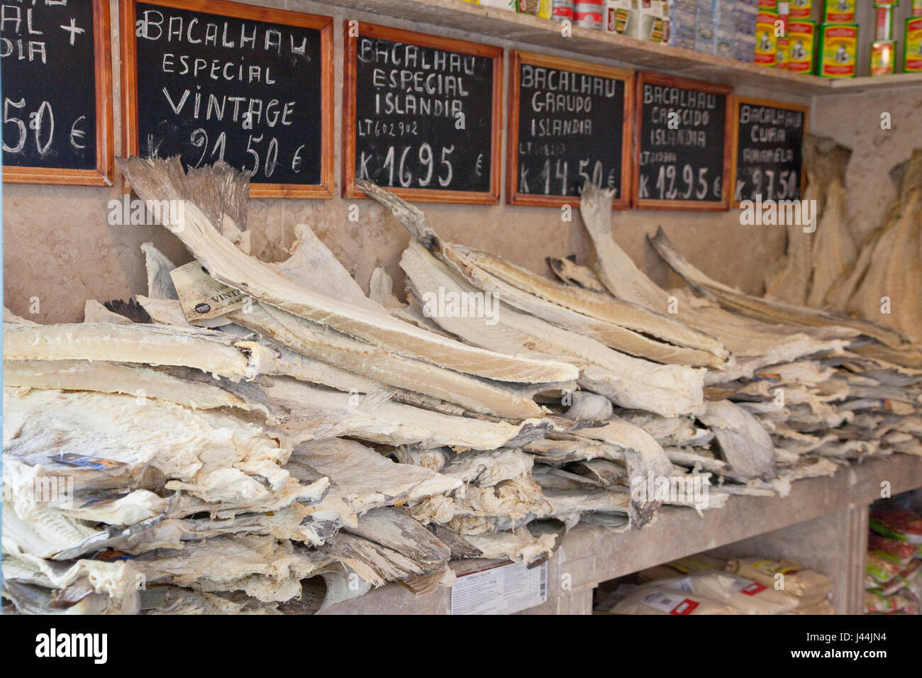Portugal, Estredmadura, Lisbon, Baixa, Display of Bacalhau salt dried cod. Stock Photo