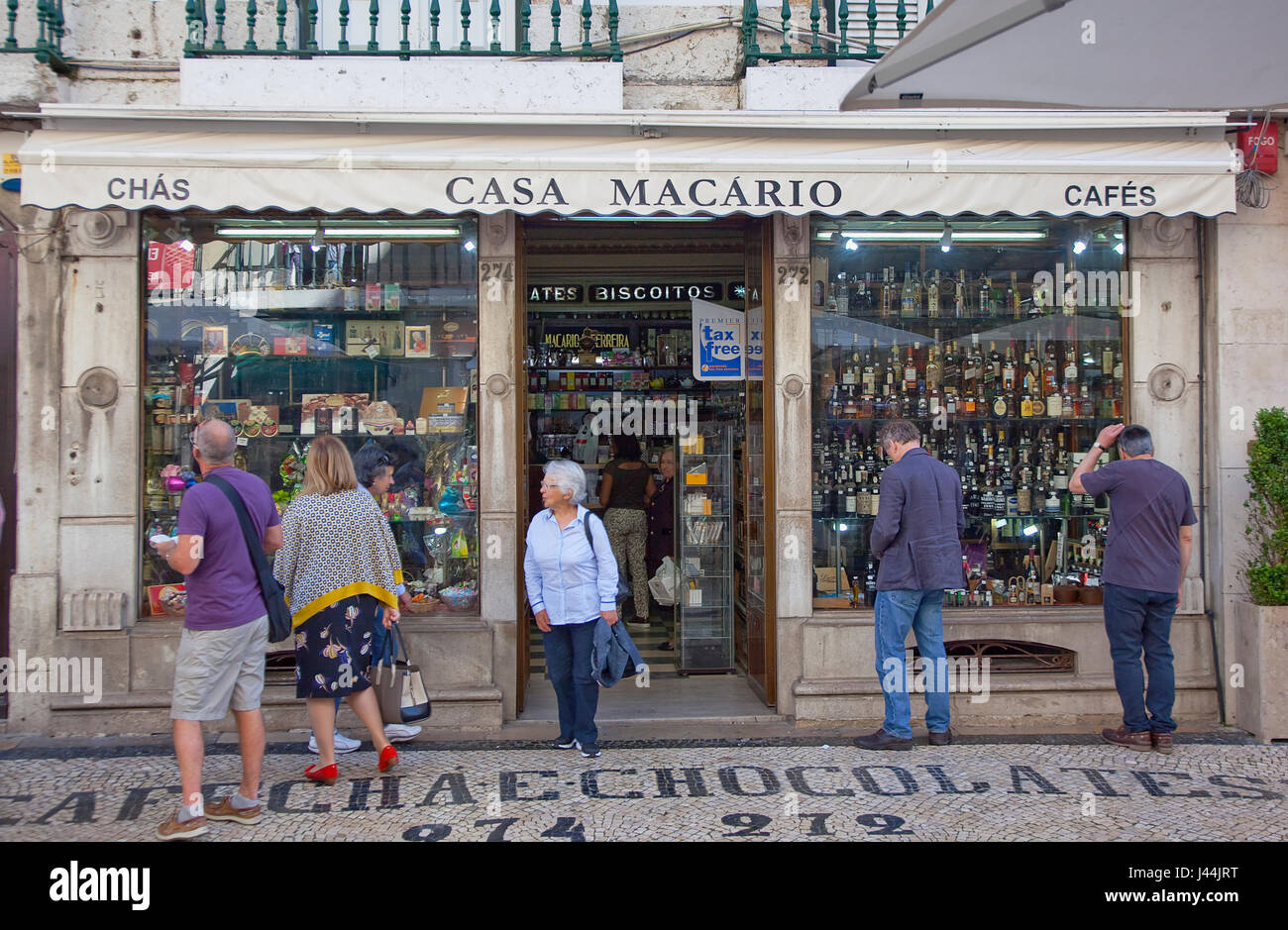 Portugal, Estremadura, Lisbon, Baixa, Exterior of gift shop selling chocolates and wines. Stock Photo