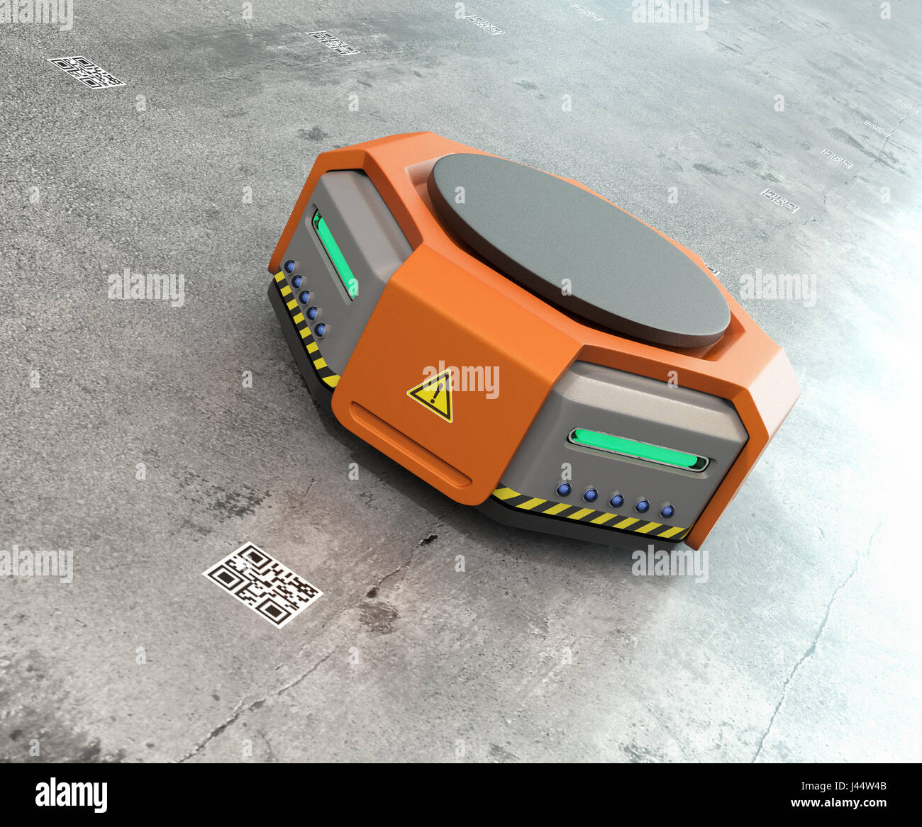 Orange warehouse robot on the concrete background. 3D rendering image. Stock Photo