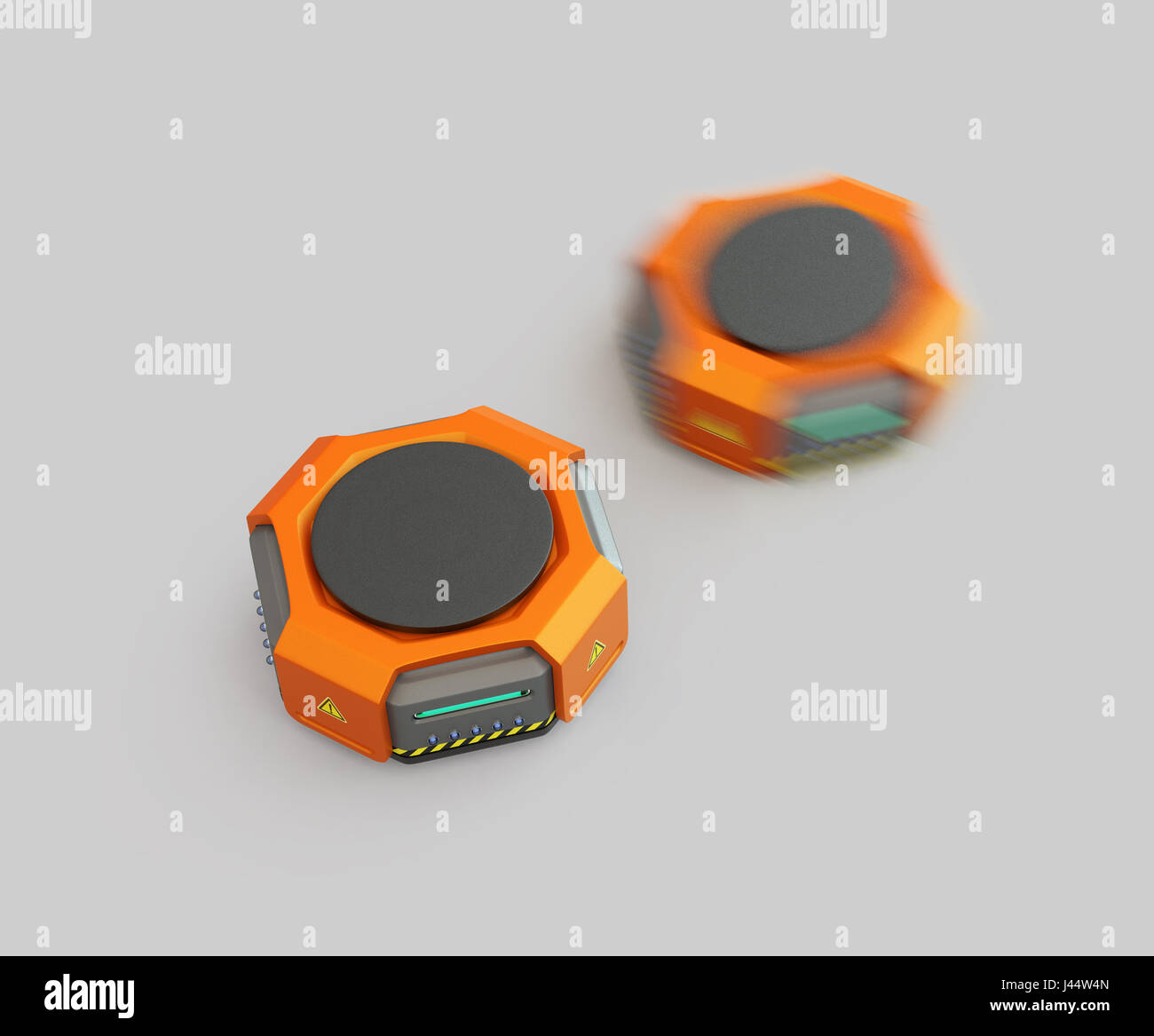 Orange warehouse robots on gray background. 3D rendering image. Stock Photo