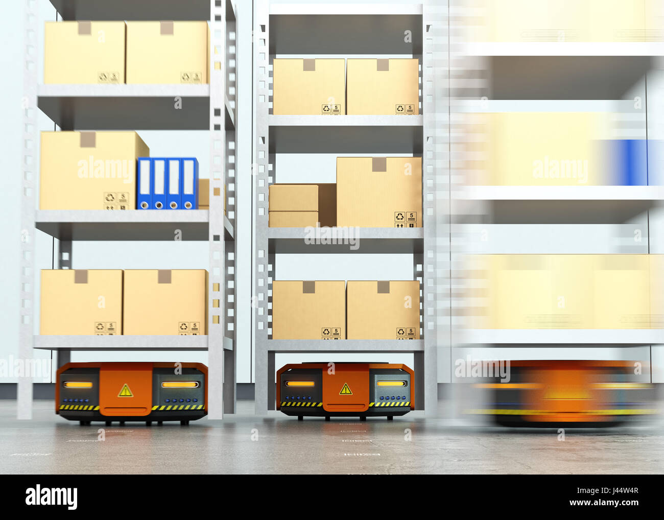 Orange robots carrying pallets with goods in modern warehouse.  Modern delivery center concept. 3D rendering image. Stock Photo