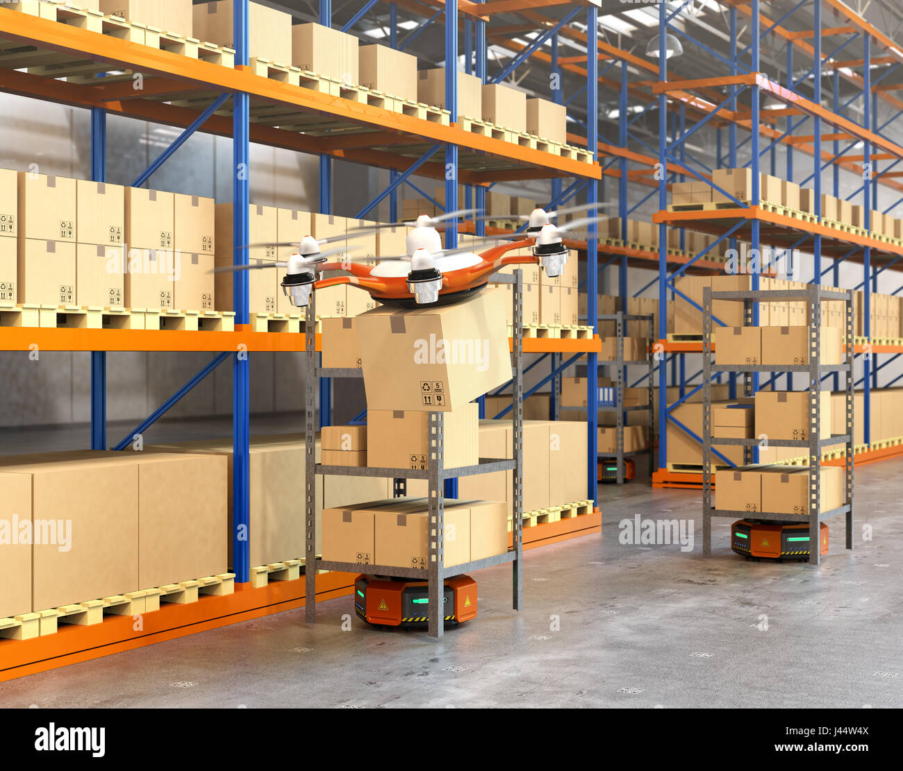 Drone and orange robots carrying goods in warehouse. Modern delivery center concept. 3D rendering image. Stock Photo