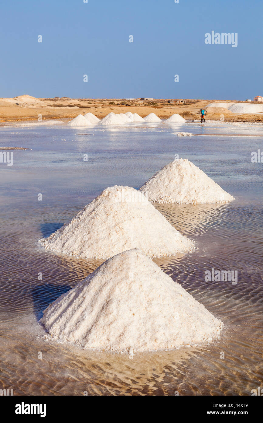 CAPE VERDE SAL Piles of salt collected from natural salt pans at Salinas, just outside Santa Maria, Sal island, Cape Verde, Africa Stock Photo