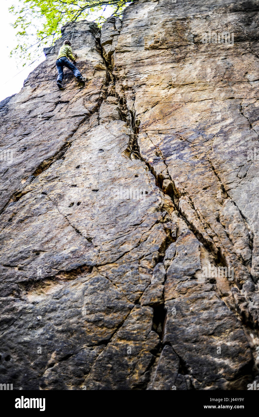 Women climbing on a rock mountain, Germany Stock Photo