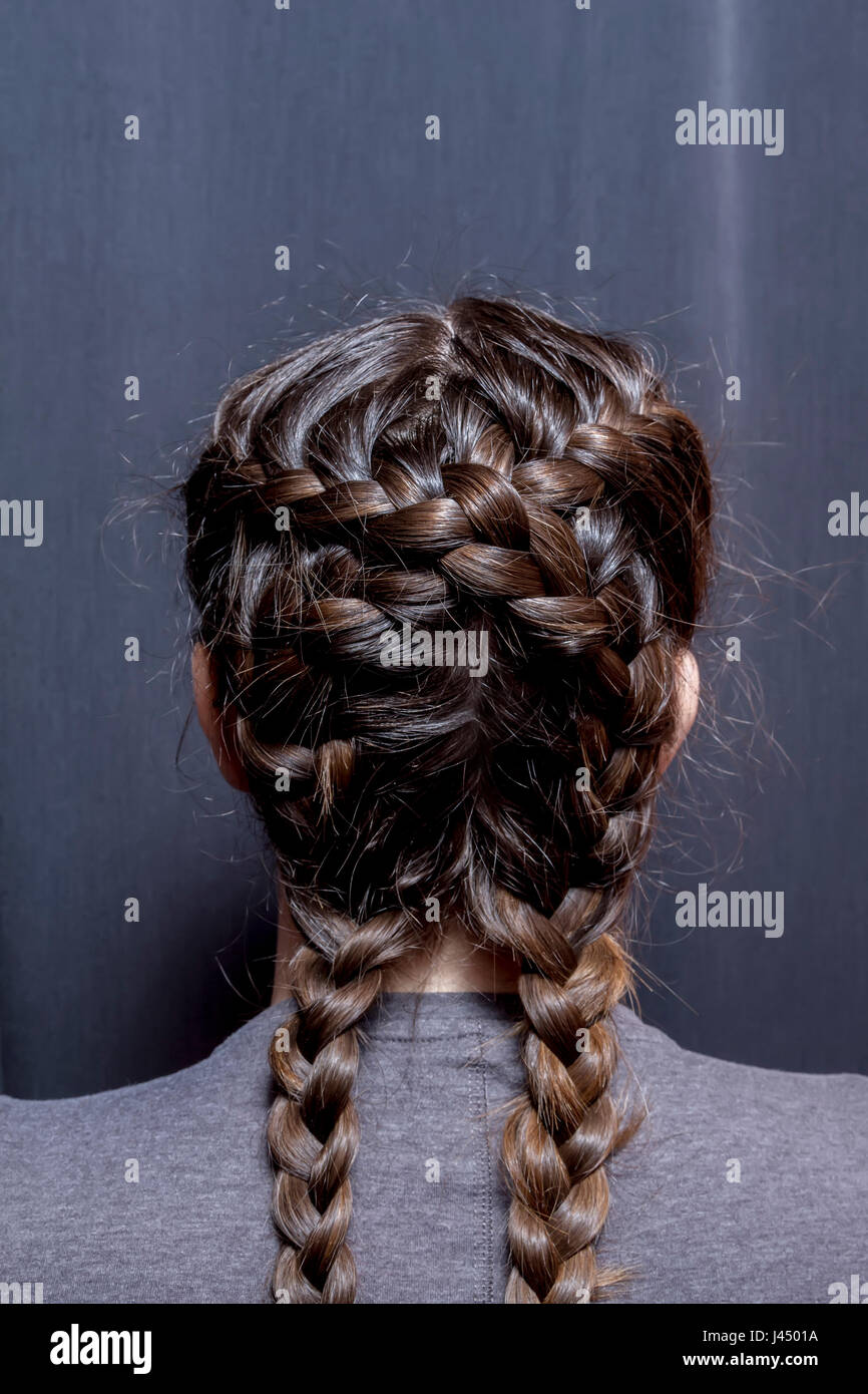 Rear view of edgy hairstyle with braids. Soft focus Stock Photo