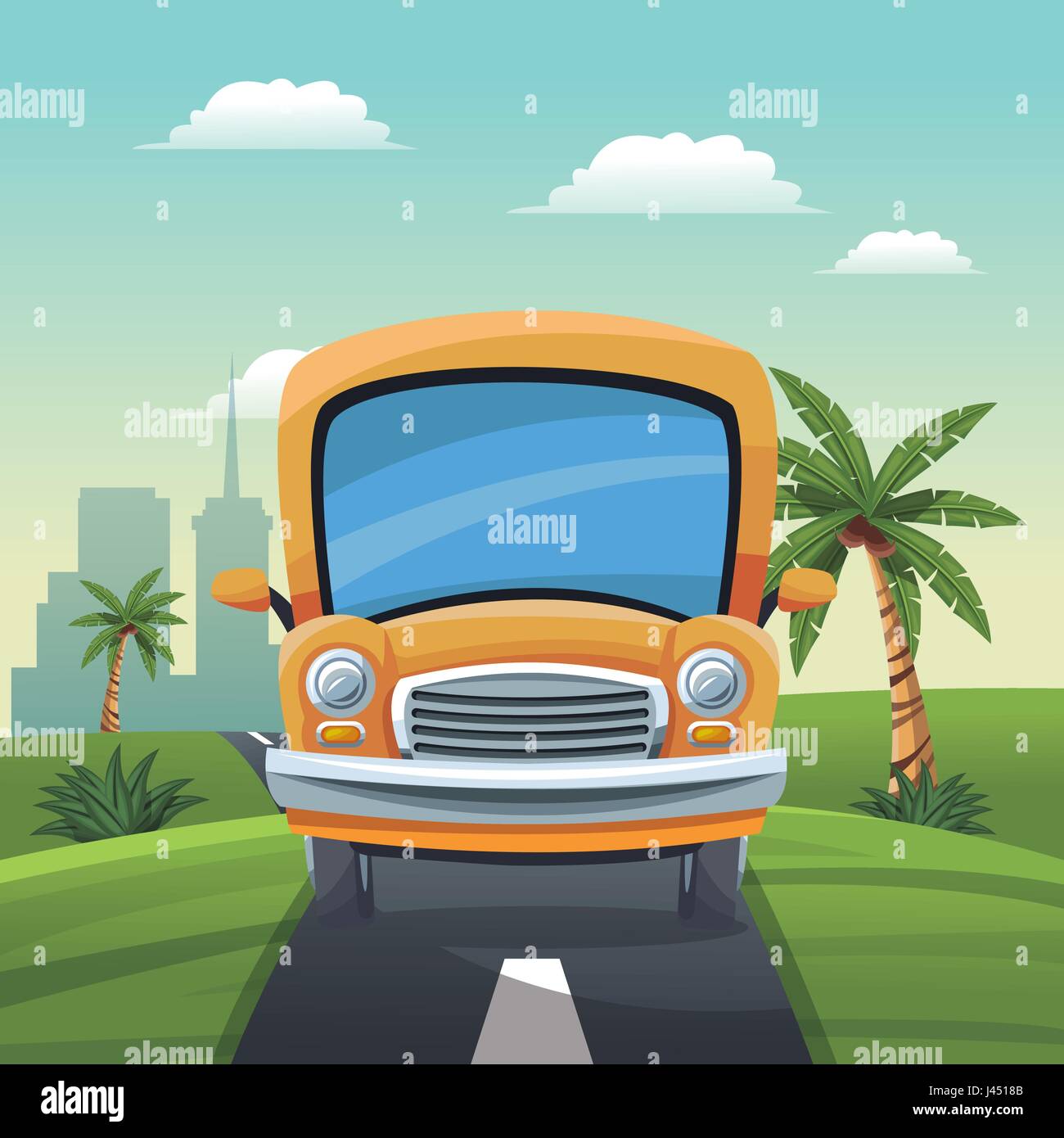 yellow bus travel vacation road landscape city background Stock Vector