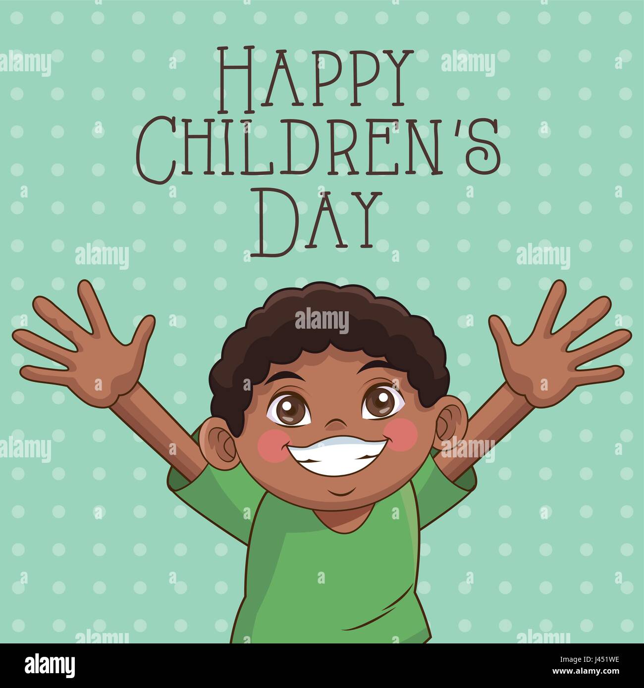 happy children day card. cute afro boy hands up celebration Stock Vector