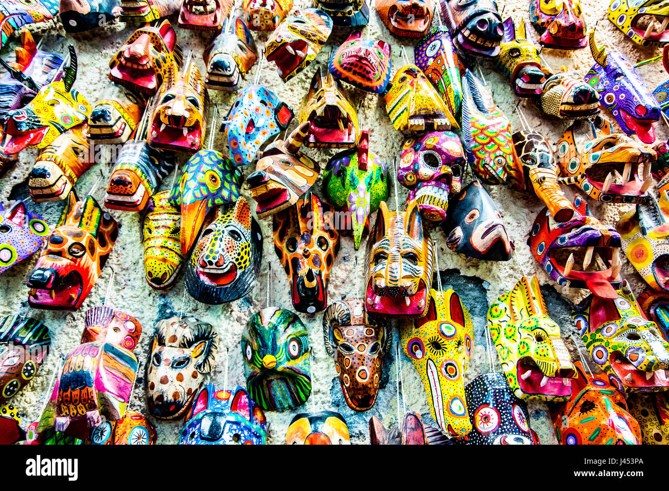 Traditional indigenous masks of Antigua, Guatemala Stock Photo