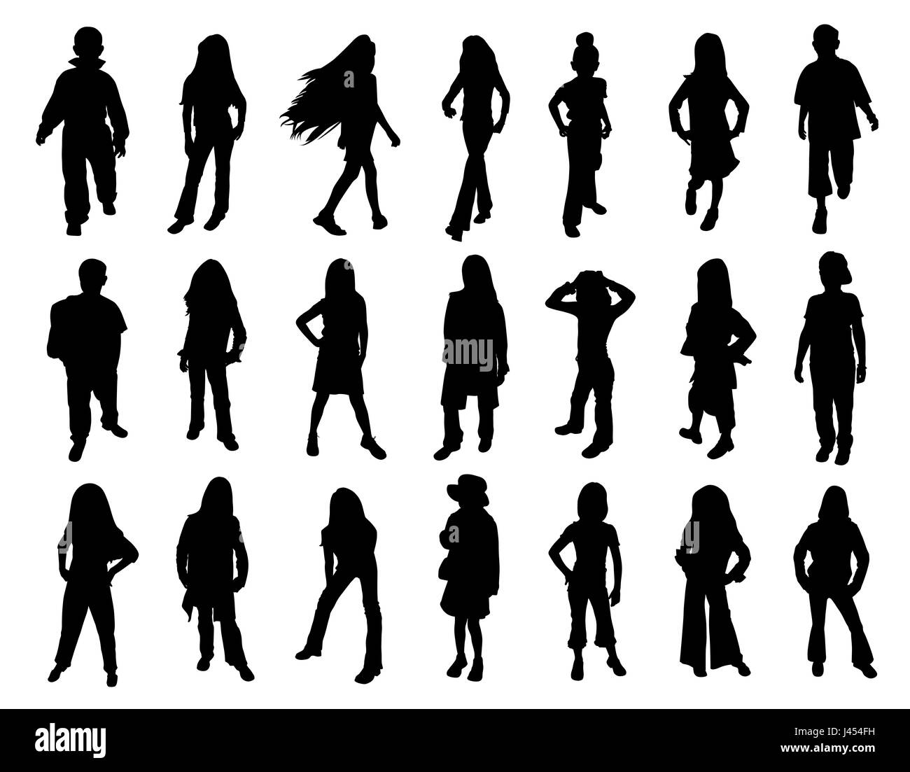 Kids models at fashion show. Twenty one silhouettes. Isolated white background. Stock Photo