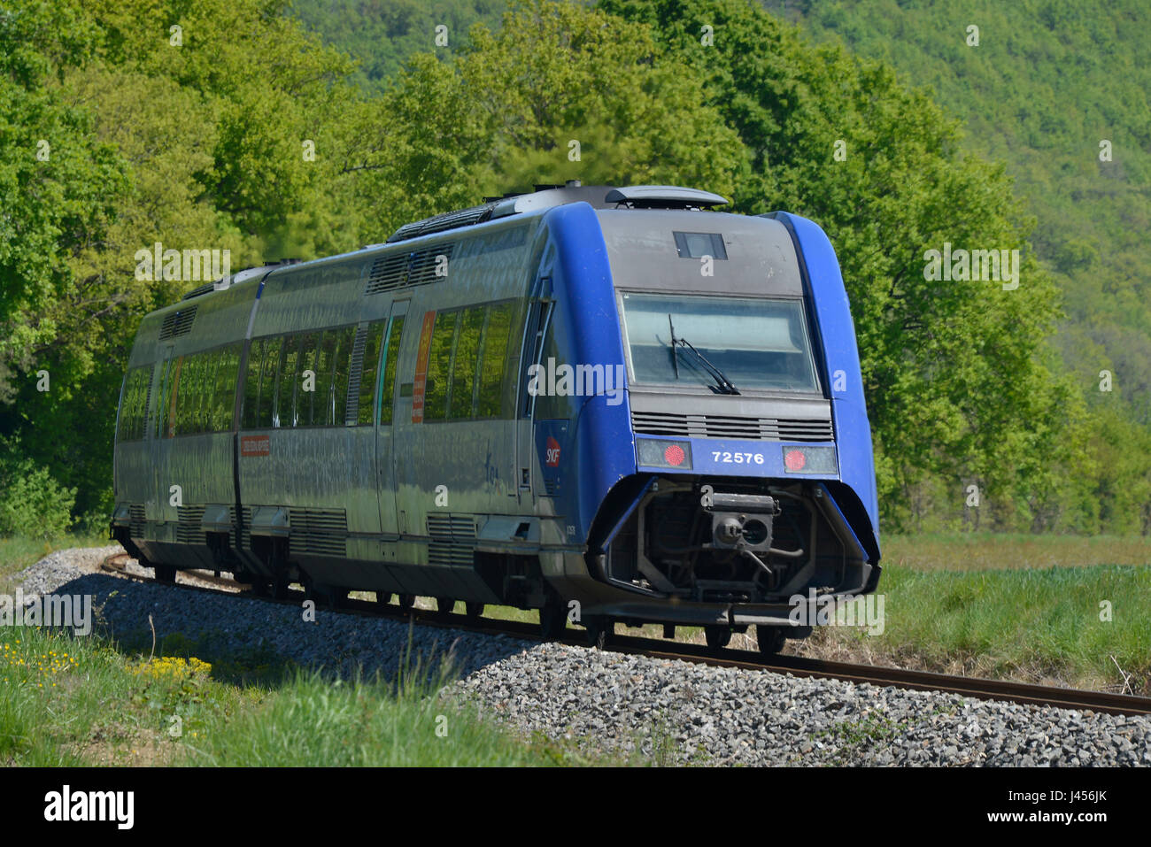 Regional train still wearing the Midi-Pyrenees livery. The region is now called Occitanie. France. Stock Photo