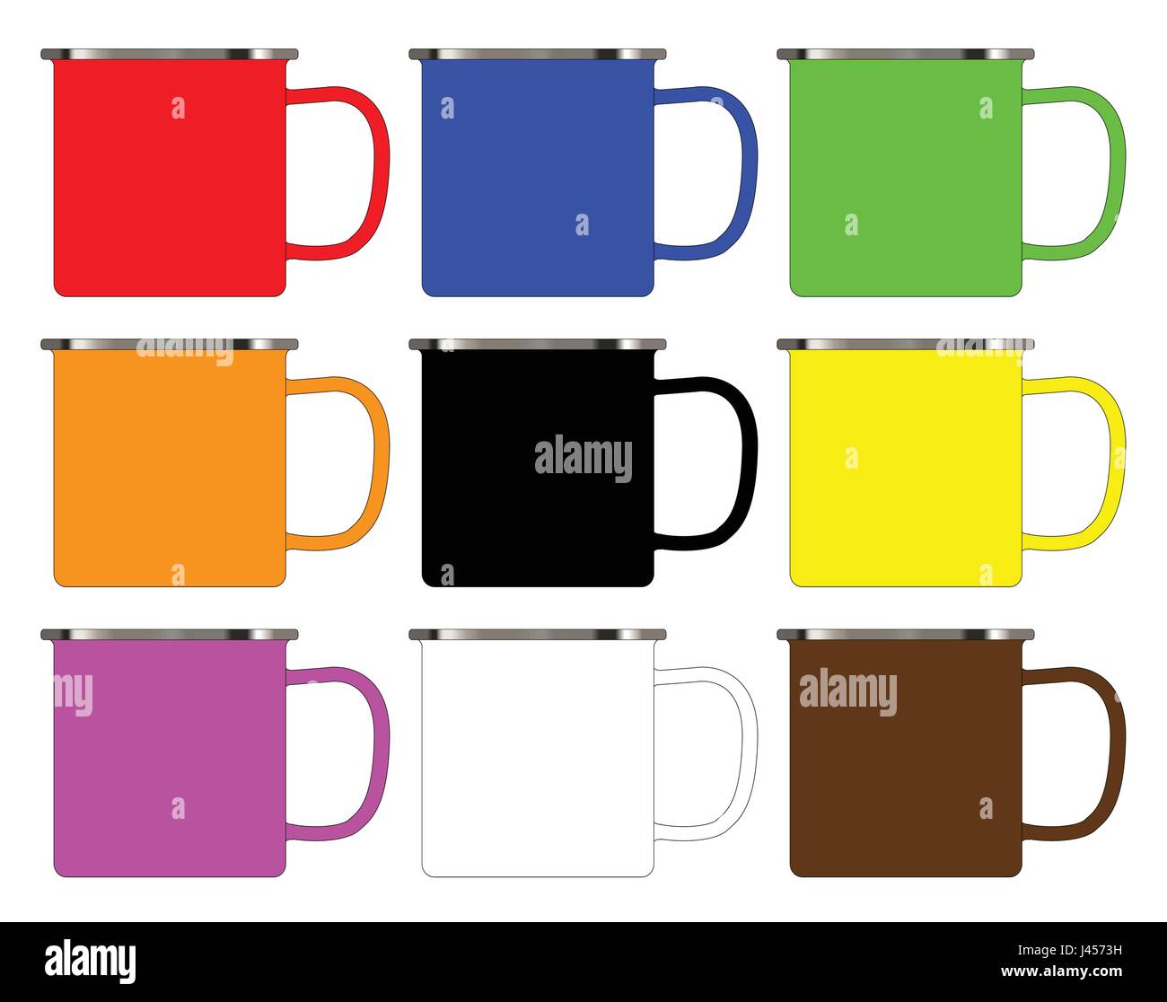 A typical collection of enamel tin cups over a white background Stock