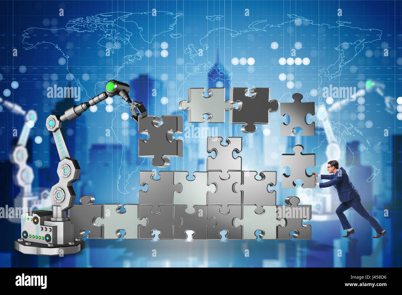 Businessman doing jigsaw puzzle with robotic arm Stock Photo - Alamy