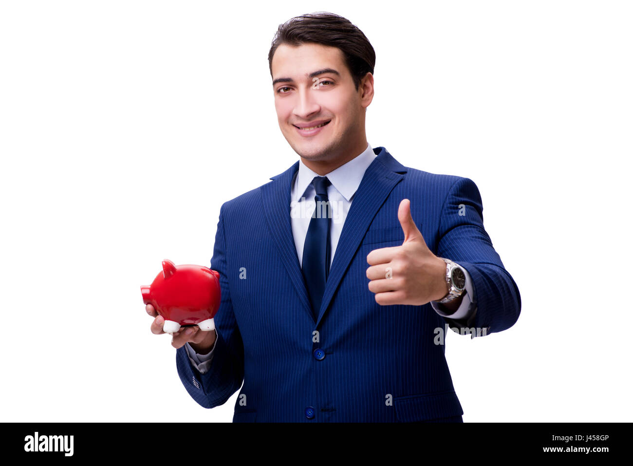 Handsome man with piggybank isolated on white Stock Photo - Alamy