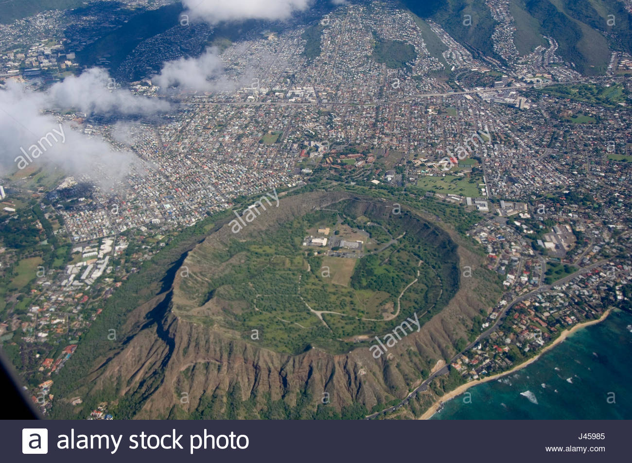 Aerial view of Diamond Head Crater and the City of Honolulu from Stock