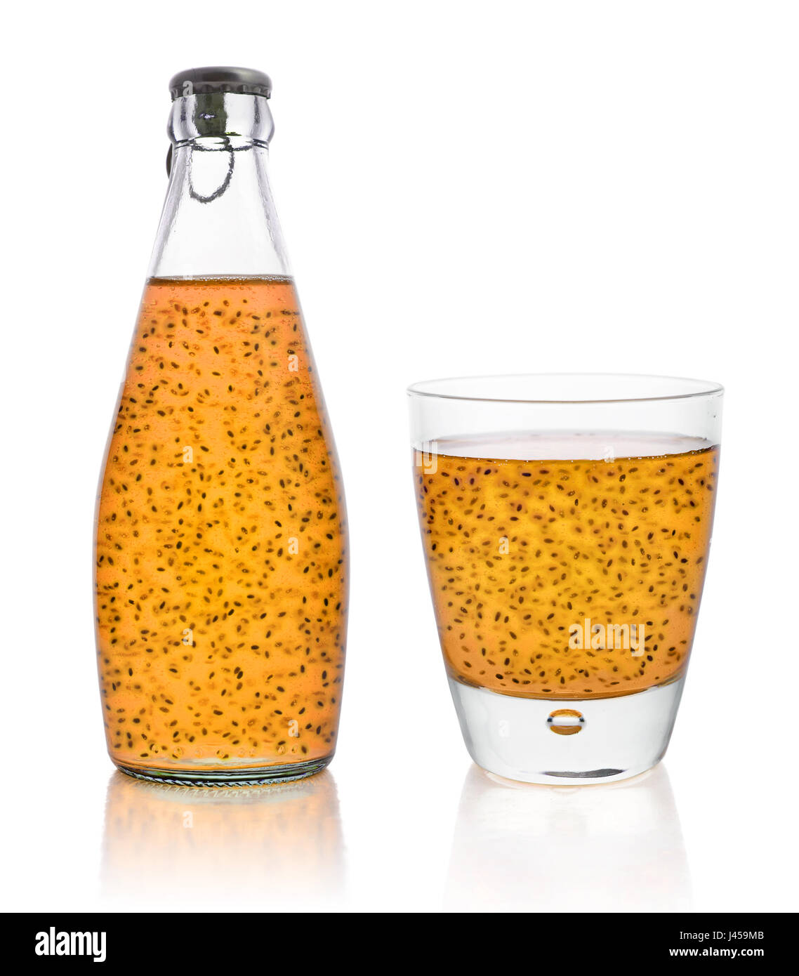 Basil Seed Drink in glass Bottles isolated on white background Stock