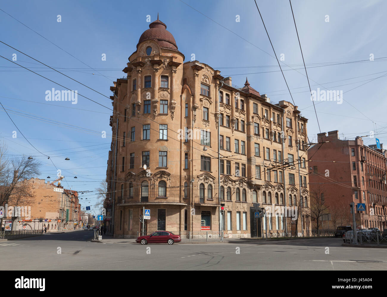 Crossroads between Sjezhinskaya Street and Bolshaya Pushkarskaya Street, St. Petersburg, Russia. Stock Photo