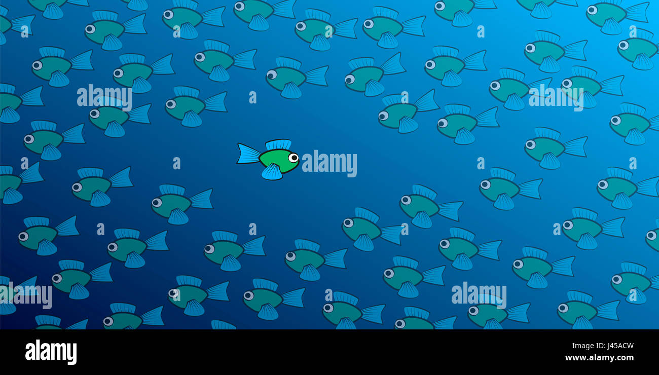 Swimming against the tide - one brave, daring fish swims in the opposite direction to the school of fish - comic illustration. Stock Photo