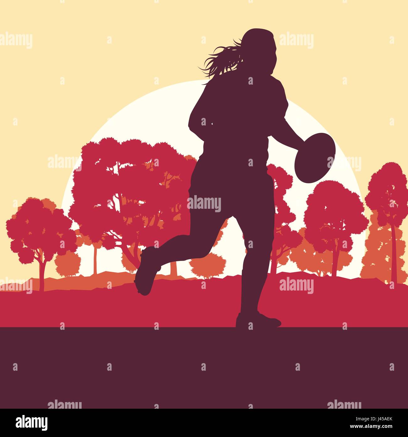 Rugby woman player vector background landscape with forest trees and ...