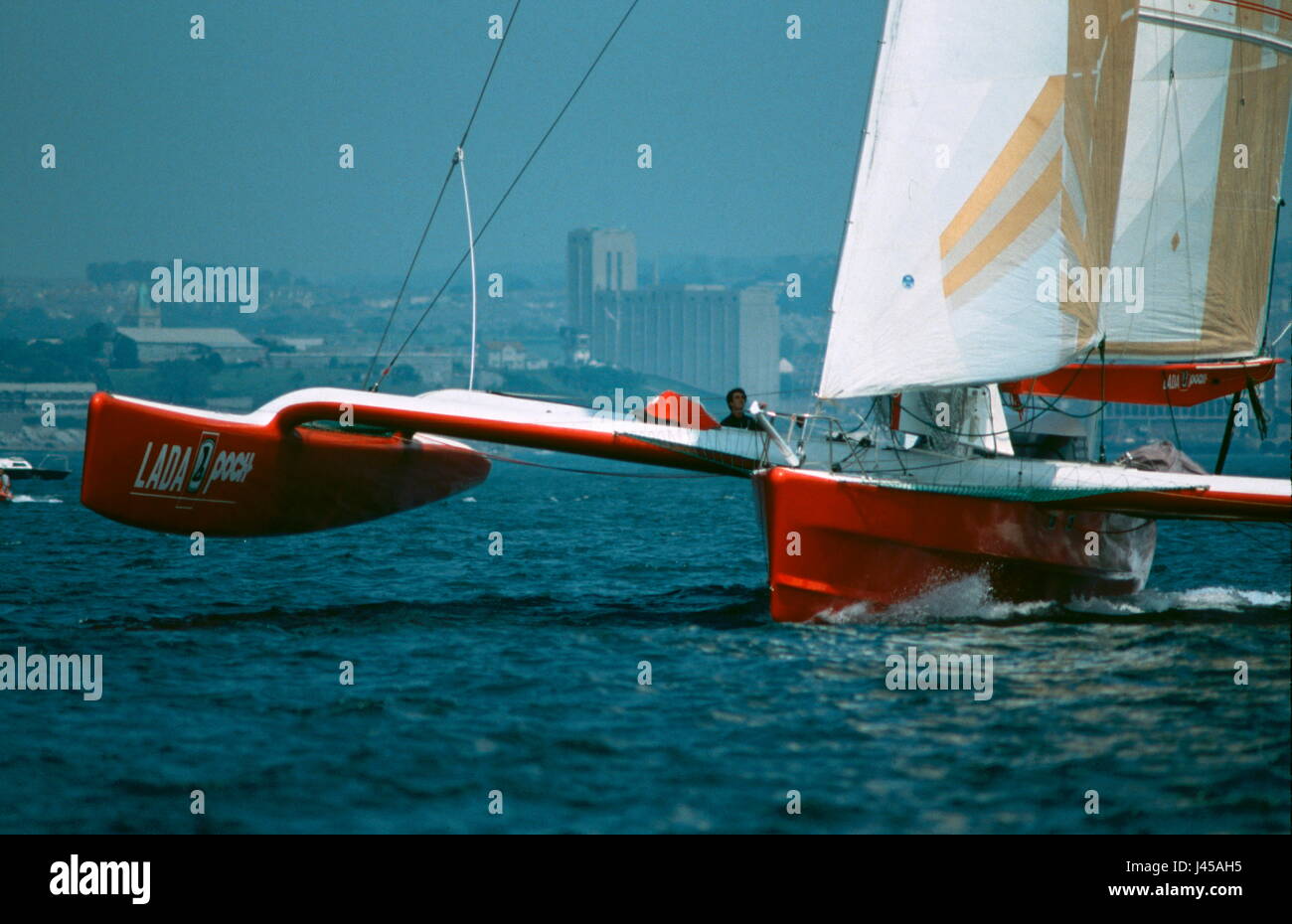 AJAX NEWS PHOTOS.10TH JUNE, 1990. PLYMOUTH, ENGLAND. - ROYAL WESTERN TWO HANDED TRANSATLANTIC RACE - LOICK PEYRON SKIPPERED LADA POCH IV WITH CREW JACQUES DELORME, SEEN HERE AT RACE START. 60FT TRIMARAN RETIRED TO FRANCE WITH BROKEN DAGGERBOARD. PHOTO:JONATHAN EASTLAND/AJAX REF:60305_38 Stock Photo