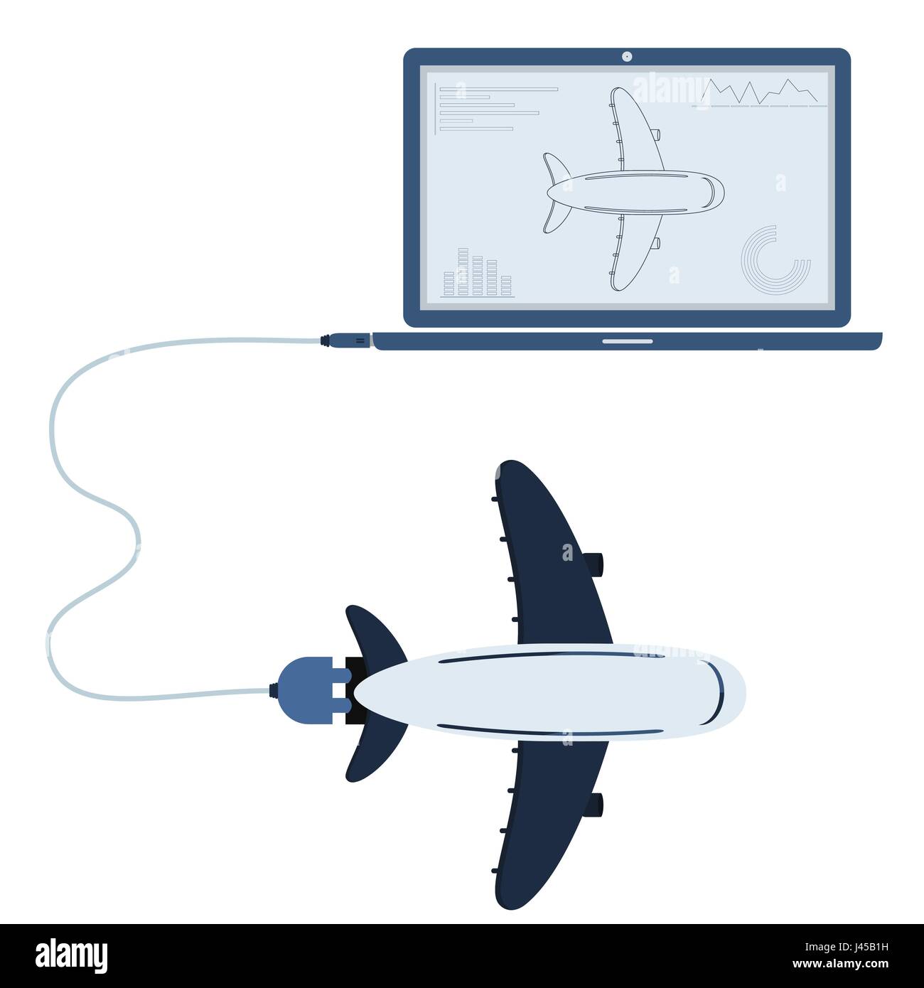 Plane connected to a laptop through a usb cable. Outline of the airplane  and graphs being shown on the computer monitor. Flat design. Isolated Stock  Vector Image & Art - Alamy