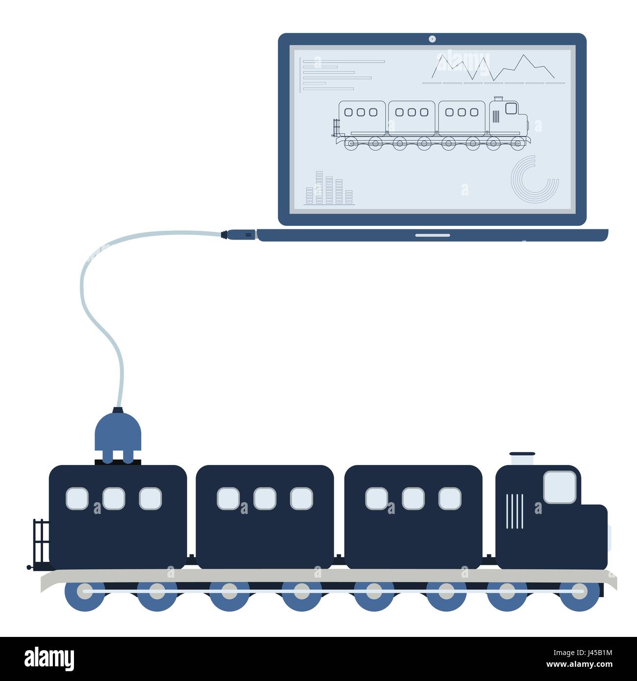 Train connected to a laptop through a usb cable. Outline of the train and graphs being shown on the computer monitor. Flat design. Isolated. Stock Vector