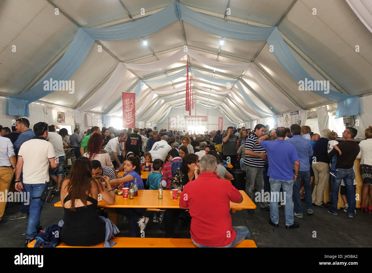 Interior tent, Seafood festival, event, festive in port of Benalmadena, Andalusia, Spain. Stock Photo