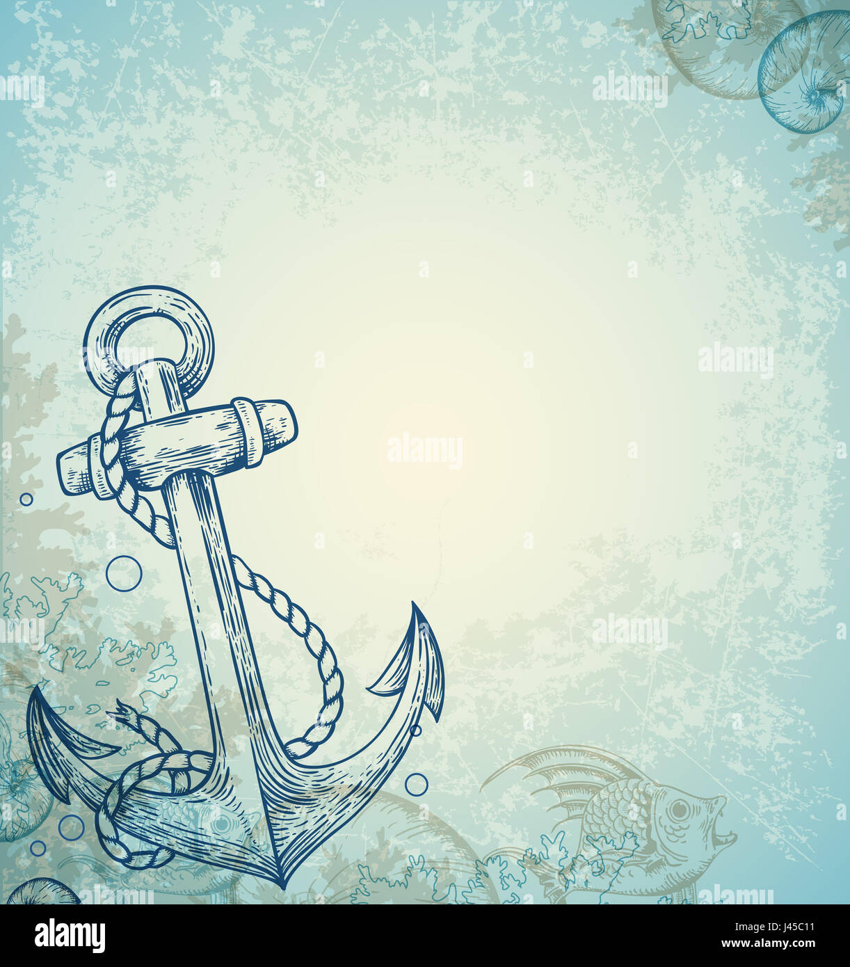 Vintage marine background with anchor and fish. Hand drawn illustration. Stock Photo