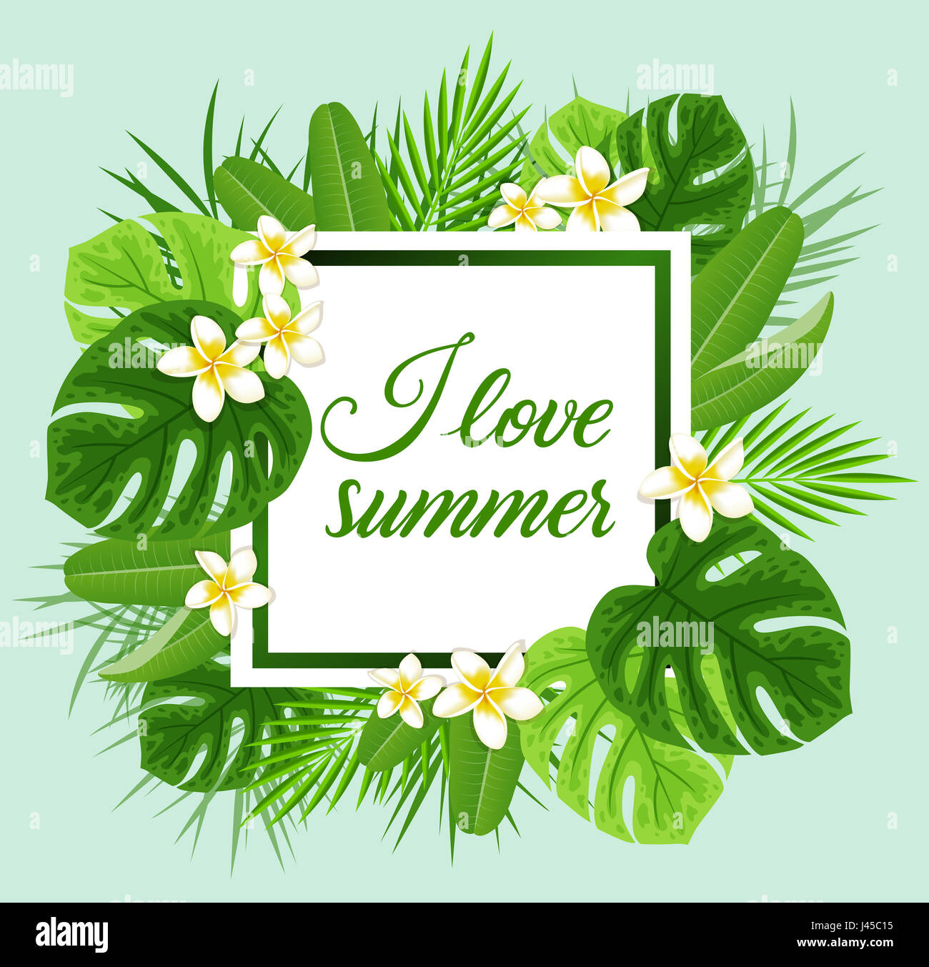Summer frame with tropical flowers and green palm leaves on a green ...