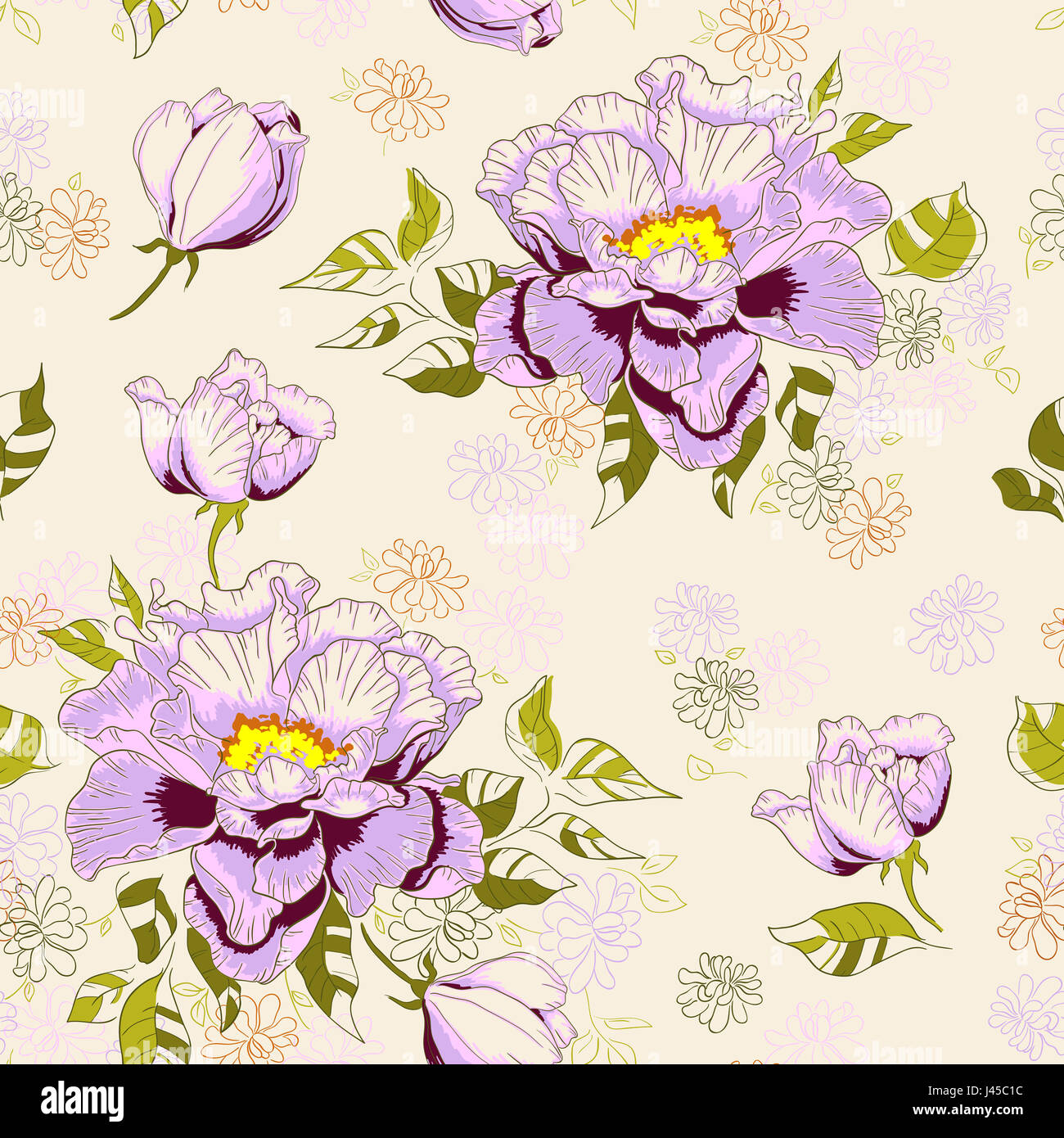 Vintage floral hand drawn seamless pattern with peony flowers Stock ...