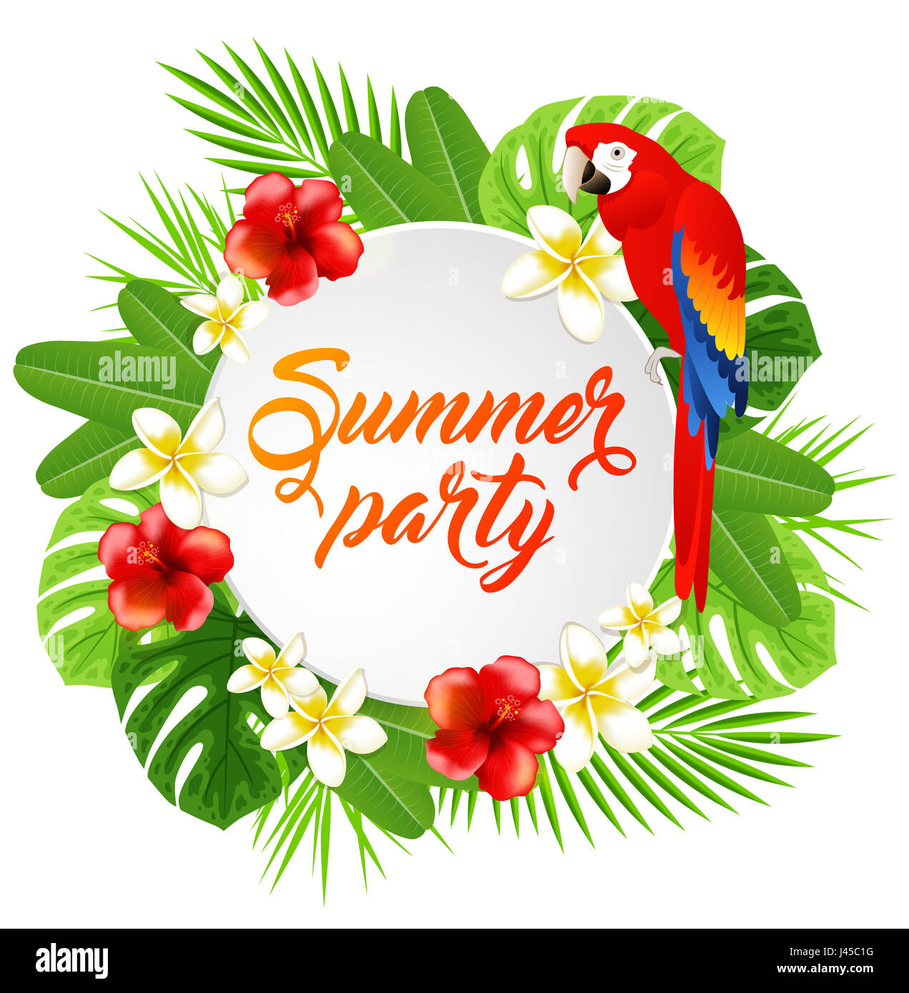 Summer background with red tropical flowers, green palm leaves and ...