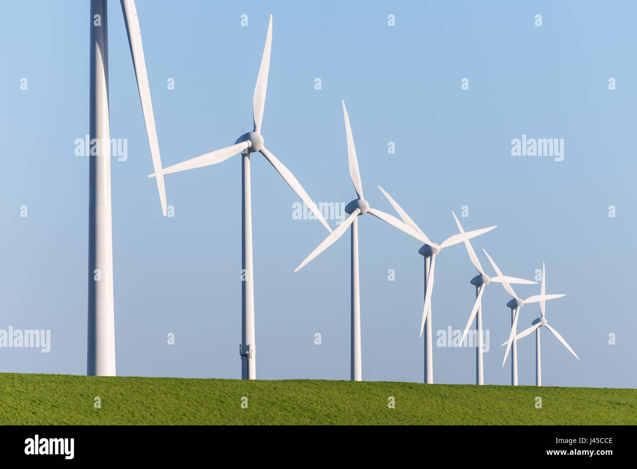 Wind turbines are standing along a grassy dyke with a clear blue sky as a background. Stock Photo