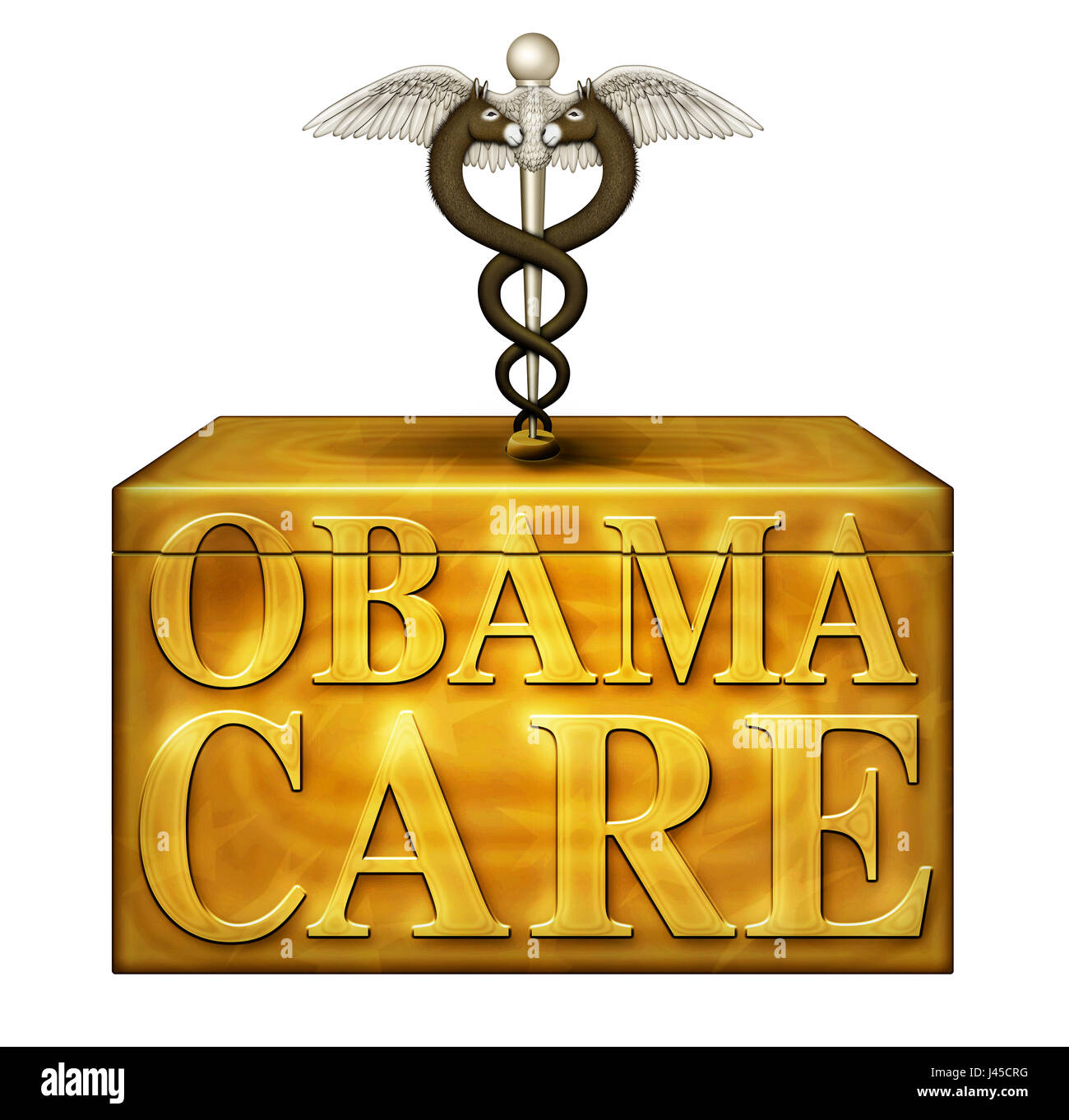 A golden box labeled Obamacare with a Caduceus, a symbol of medicine, on the lid representing Democrats. Stock Photo