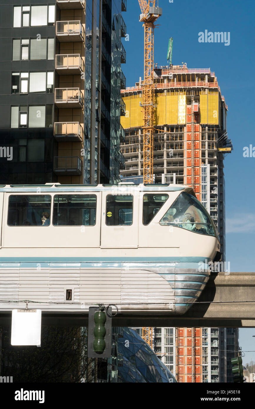 Monorail going through downtown Seattle Stock Photo