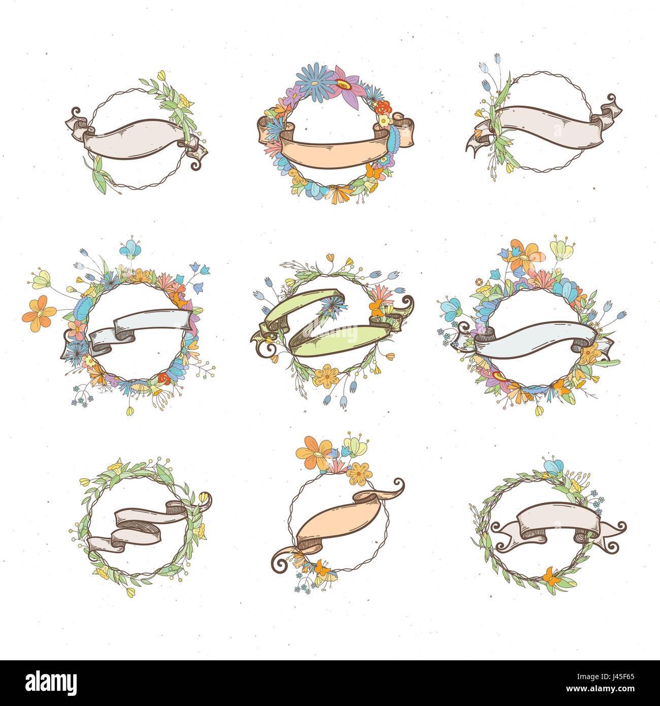 Download Rustic hand drawn flower elements and ribbons set. Vector ...