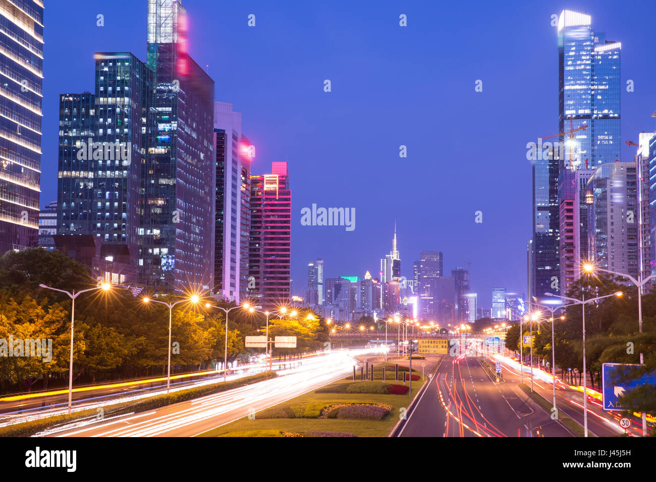 Night view of Futian District of Shenzhen City,Guangdong Province,China Stock Photo