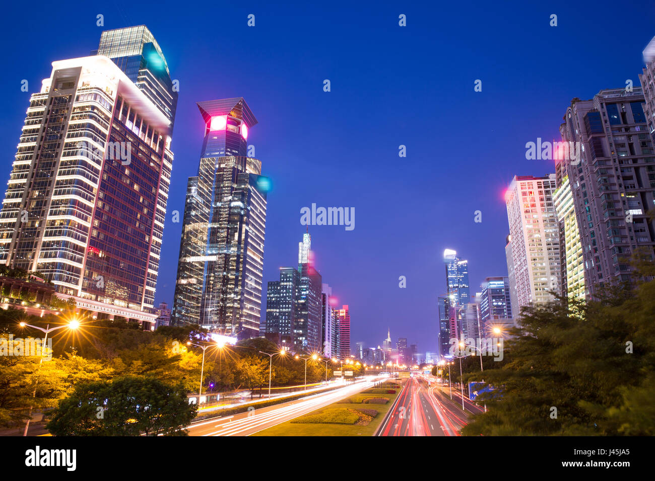 Night view of Futian District of Shenzhen City,Guangdong Province,China Stock Photo