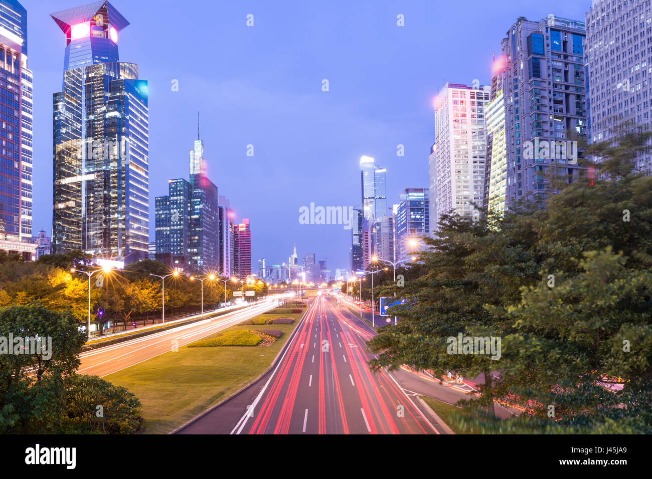 Night view of Futian District of Shenzhen City,Guangdong Province,China Stock Photo