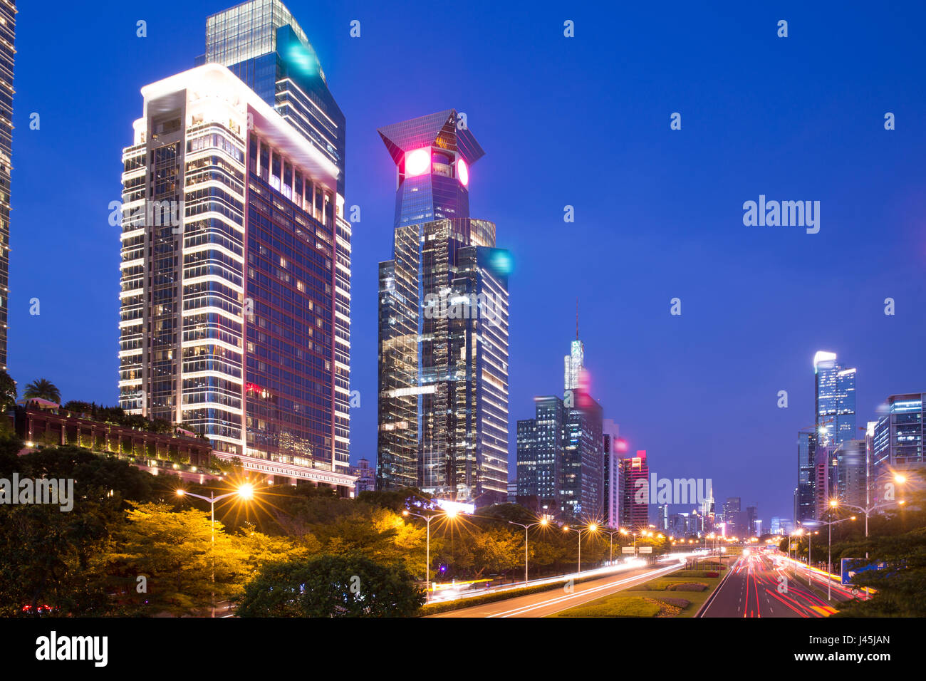 Night view of Futian District of Shenzhen City,Guangdong Province,China Stock Photo