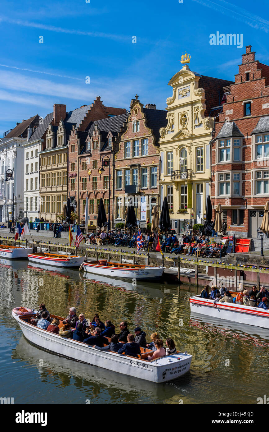 Tourist boat on Leie River, Ghent, East Flanders, Belgium Stock Photo