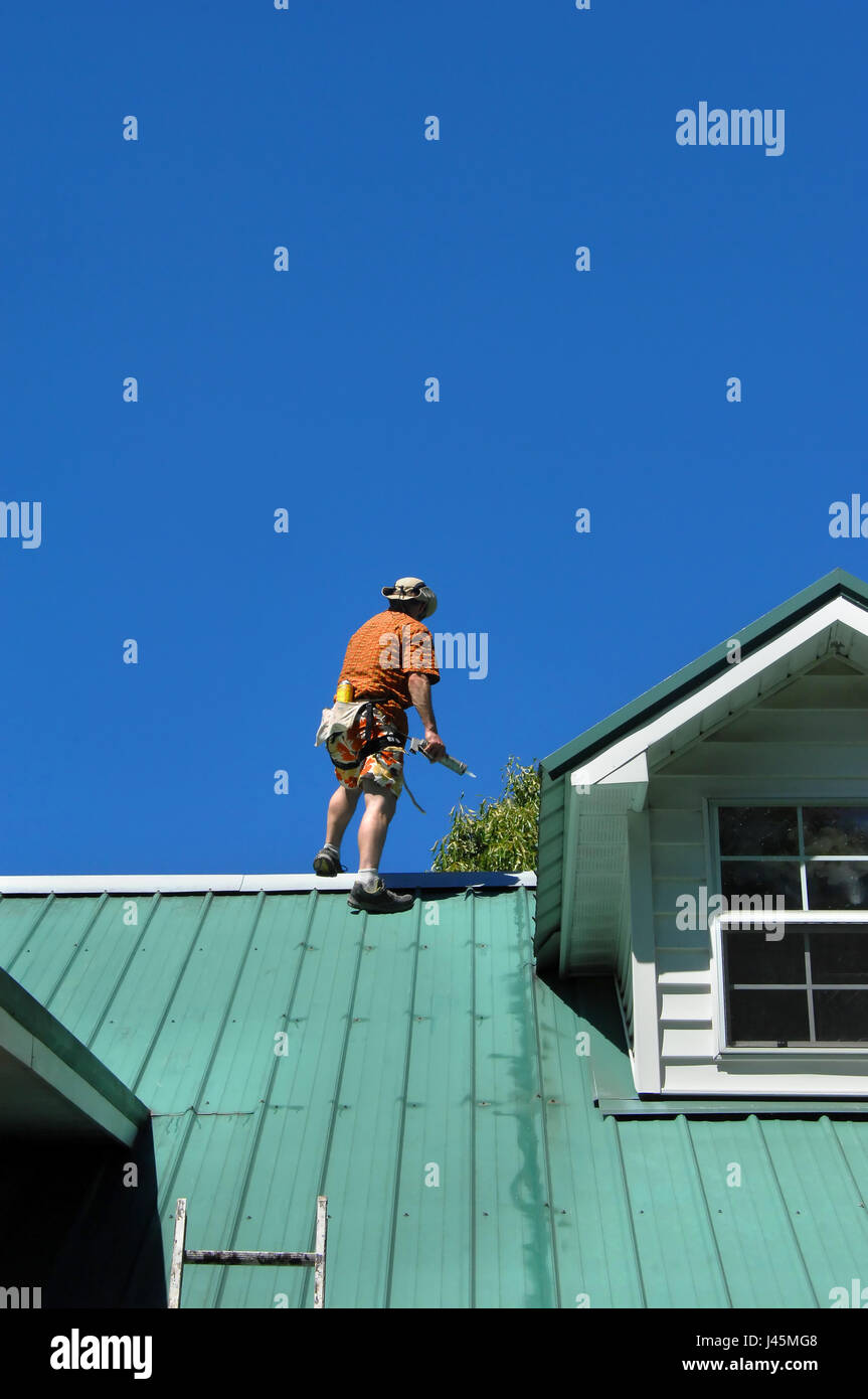 Young male makes repairs to his metal roof.  He is standing near the ridge holding a caulking gun.  A belt and rope gives him some measure of safety.  Stock Photo