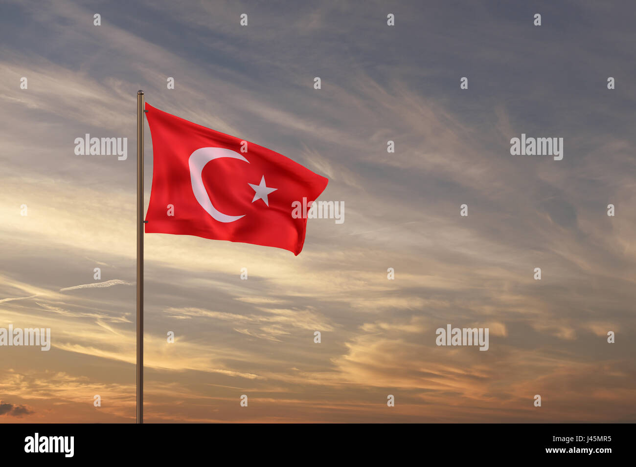 Turkish flag on the background of the sky. Stock Photo