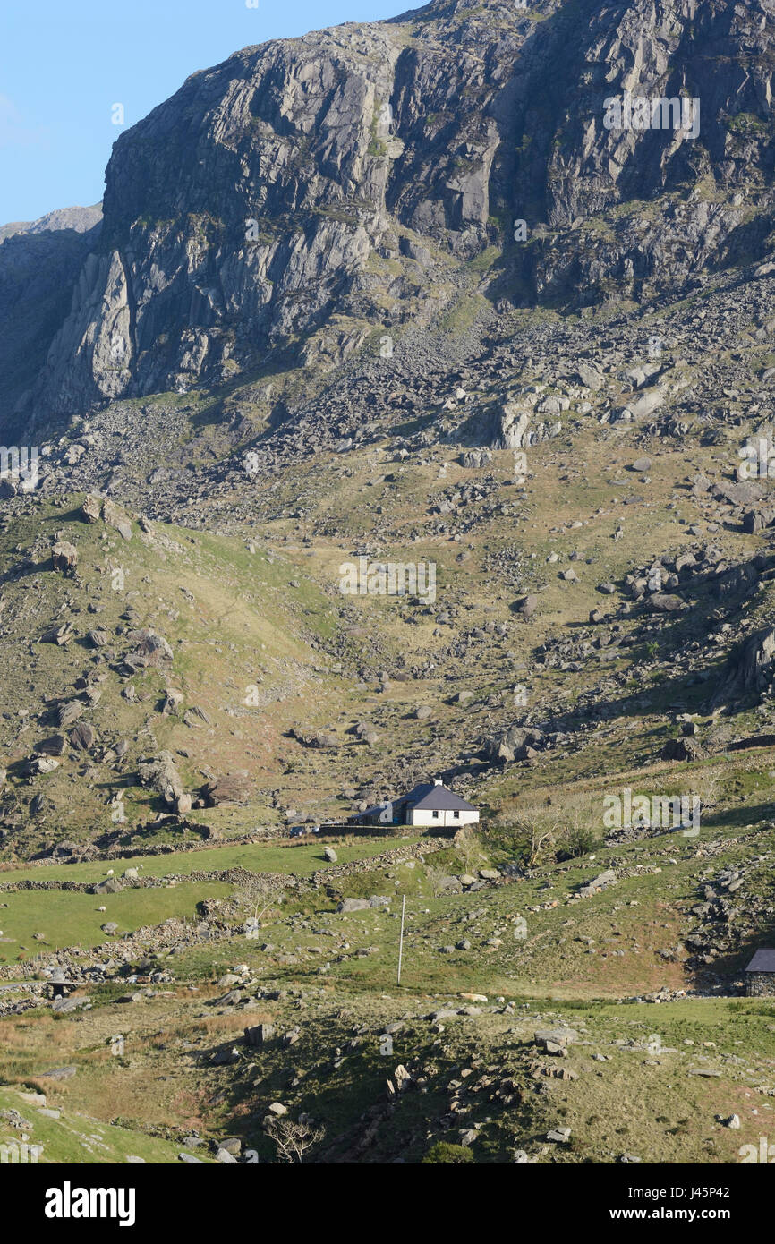 Llanberis Pass in evening sunlight with the cliffs of Dinas Mot below Crib Goch (Red Comb), a